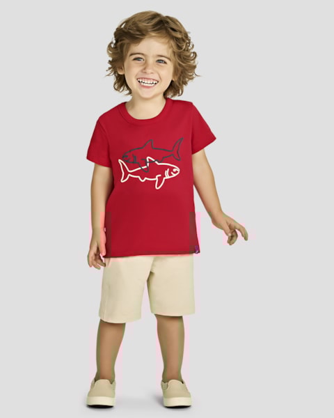 Conjunto Infantil Menino Camiseta Estampa Relevo e Bermuda - ReiRex - Tomato
