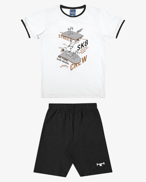 Conjunto Infantil Menino Camiseta Estampa Skate e Bermuda - ReiRex - Branco