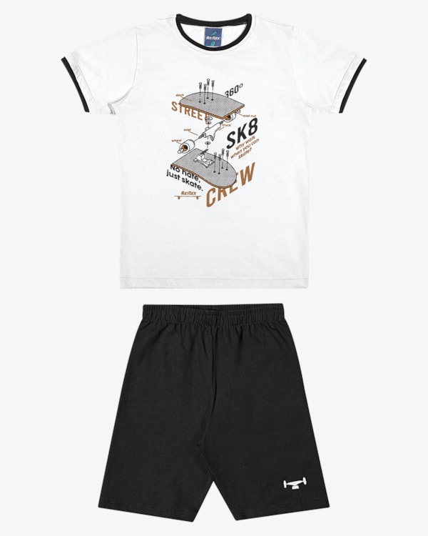 Conjunto Infantil Menino Camiseta Estampa Skate e Bermuda - ReiRex - Branco