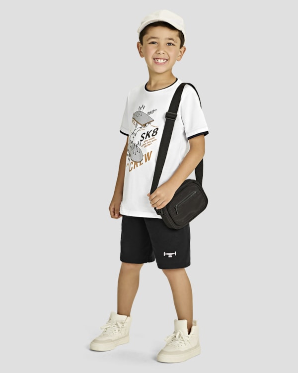 Conjunto Infantil Menino Camiseta Estampa Skate e Bermuda - ReiRex - Branco