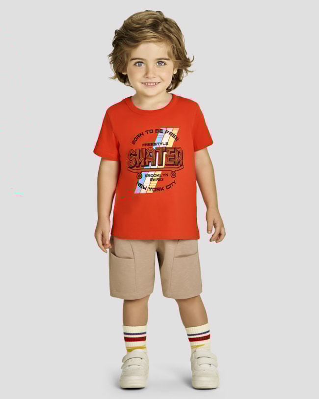 Conjunto Infantil Menino Camiseta Estampa Skater e Bermuda - ReiRex - Carrot-56e2654f-d08c-4519-9c91-44b32febe736