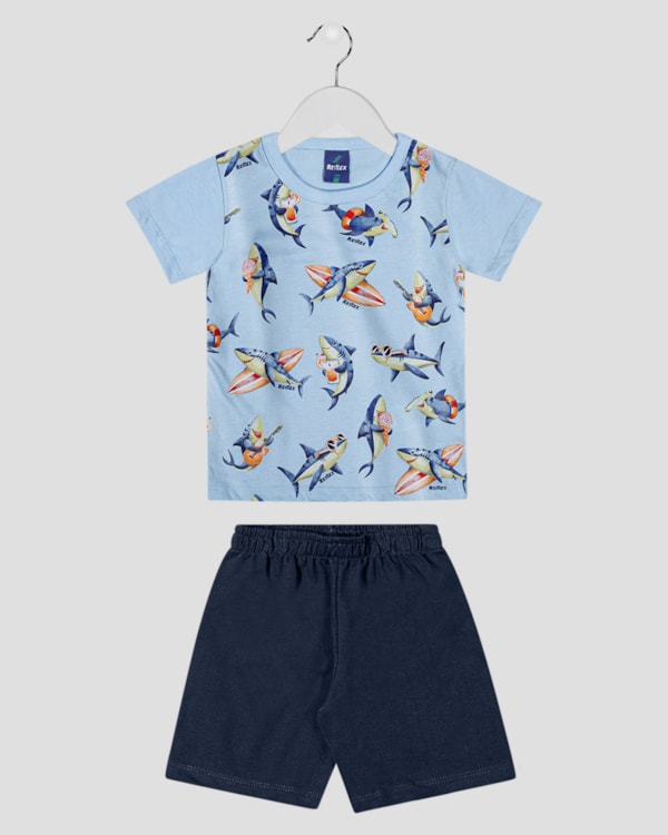 Conjunto Infantil Menino Camiseta Estampada + Bermuda - ReiRex - Azul