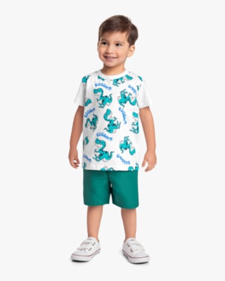 Conjunto Infantil Menino Camiseta Estampada e Bermuda - ReiRex - Branco