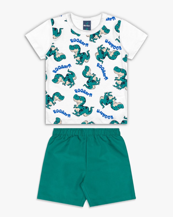 Conjunto Infantil Menino Camiseta Estampada e Bermuda - ReiRex - Branco