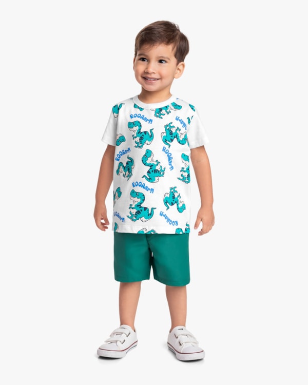 Conjunto Infantil Menino Camiseta Estampada e Bermuda - ReiRex - Branco