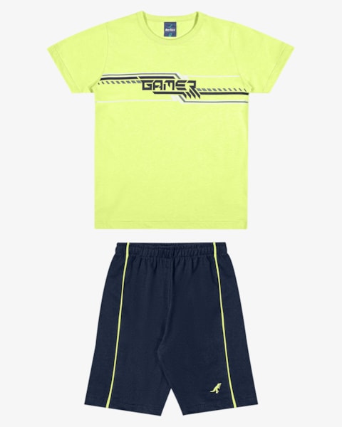 Conjunto Infantil Menino Camiseta Gamer com Bermuda - ReiRex - Amarelo Neon