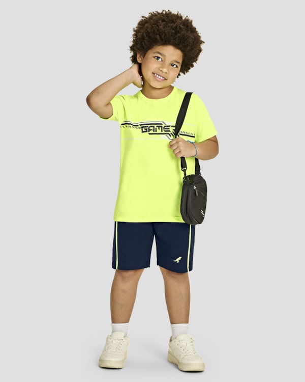Conjunto Infantil Menino Camiseta Gamer com Bermuda - ReiRex - Amarelo Neon