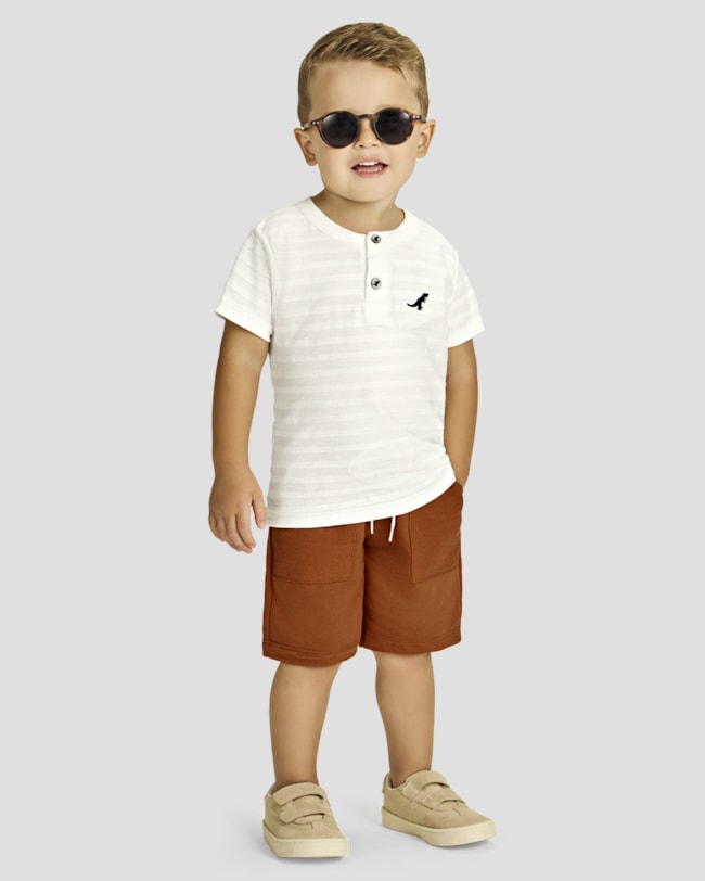 Conjunto Infantil Menino Camiseta Gola Henley e Bermuda - ReiRex - Natural-b2febe0d-7463-47a9-bfc2-3e9e04ddfabd