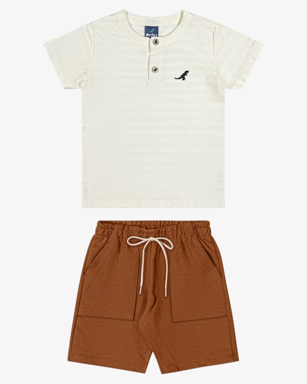 Conjunto Infantil Menino Camiseta Gola Henley e Bermuda - ReiRex - Natural
