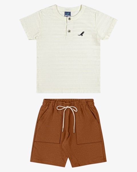 Conjunto Infantil Menino Camiseta Gola Henley e Bermuda - ReiRex - Natural