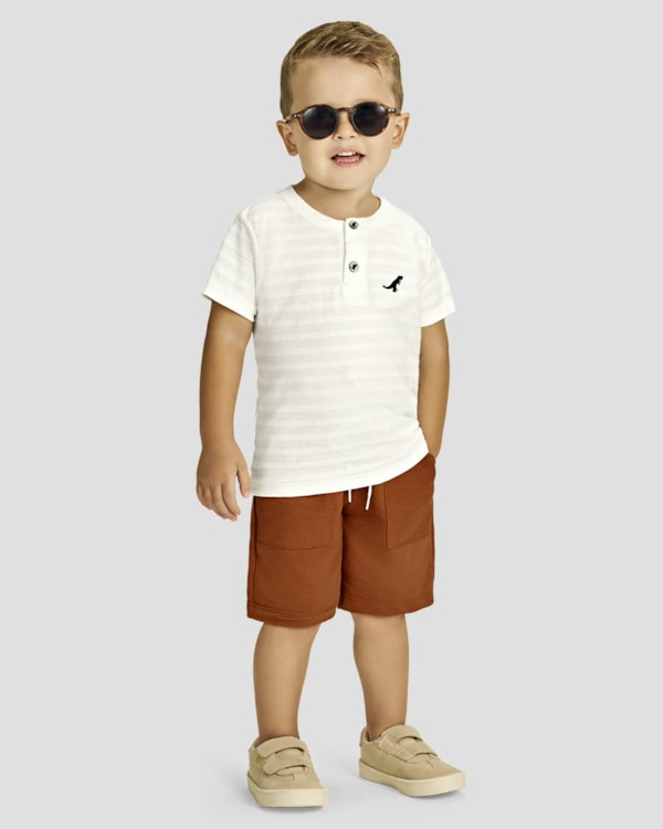 Conjunto Infantil Menino Camiseta Gola Henley e Bermuda - ReiRex - Natural
