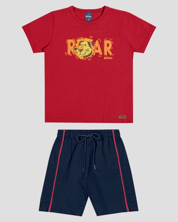 Conjunto Infantil Menino Camiseta Leão e Bermuda  ReiRex Vermelho