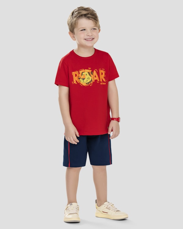 Conjunto Infantil Menino Camiseta Leão e Bermuda  ReiRex Vermelho