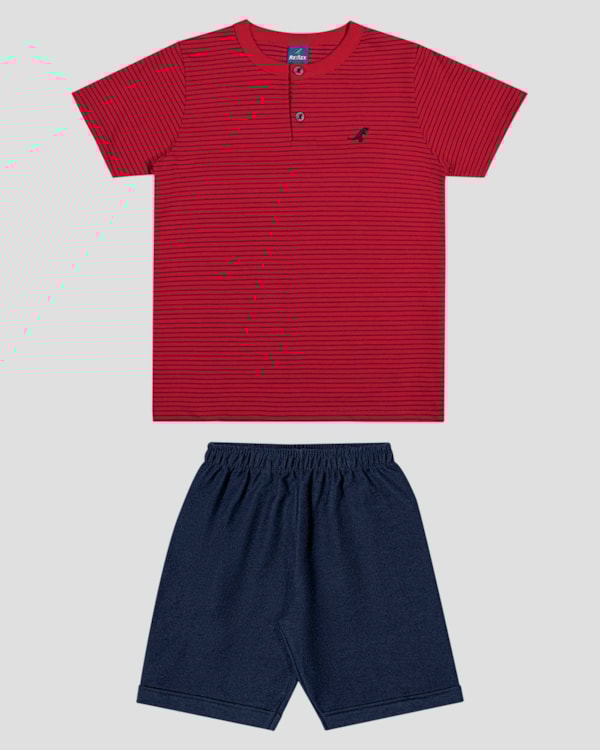 Conjunto Infantil Menino Camiseta Listrada e Bermuda ReiRex Vermelho