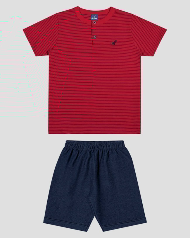 Conjunto Infantil Menino Camiseta Listrada e Bermuda ReiRex Vermelho-cad94792-c938-4a06-9950-d1a0cf951014