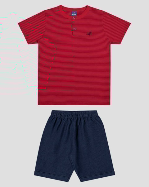 Conjunto Infantil Menino Camiseta Listrada e Bermuda ReiRex Vermelho