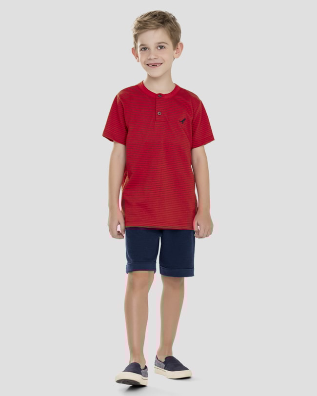 Conjunto Infantil Menino Camiseta Listrada e Bermuda ReiRex Vermelho-f6968fe9-8025-44a7-9eb5-b1aece354fba