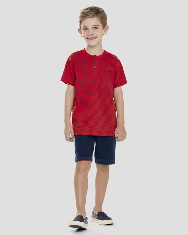 Conjunto Infantil Menino Camiseta Listrada e Bermuda ReiRex Vermelho