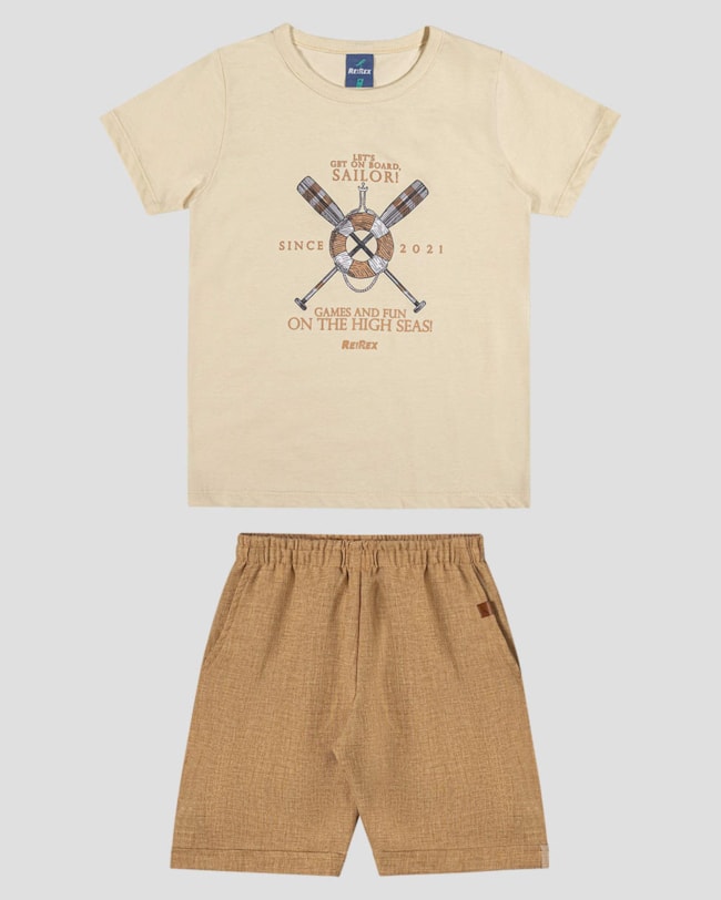 Conjunto Infantil Menino com Bermuda em Linho ReiRex Bege-488d8383-78a6-40f8-a42e-265f4fd4f12b