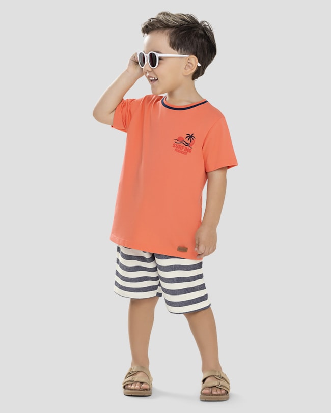 Conjunto Infantil Menino com Bermuda Listrada ReiRex Laranja-9613a5c0-9bdd-4497-9be7-b1700046165d