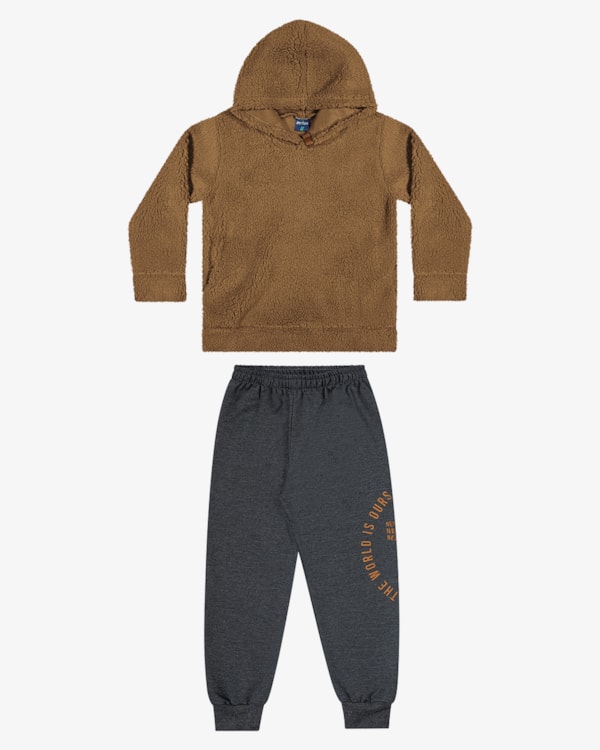 Conjunto Infantil Menino com Blusão em Pelo Teddy ReiRex - Marrom