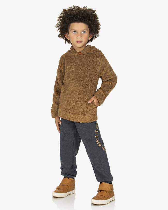 Conjunto Infantil Menino com Blusão em Pelo Teddy ReiRex - Marrom-486d5945-ea56-47f2-8402-f0a60de94fcc