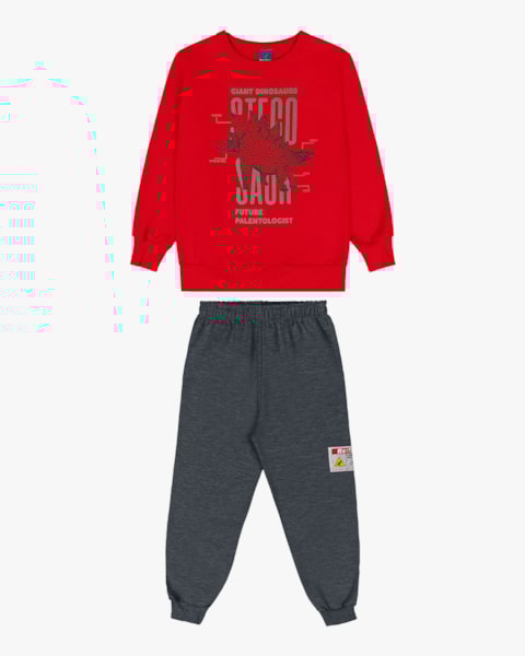 Conjunto Infantil Menino com Blusão Estampa Dinossauro - ReiRex - Tomato
