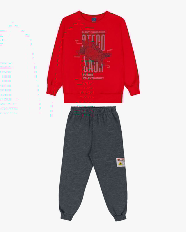 Conjunto Infantil Menino com Blusão Estampa Dinossauro - ReiRex - Tomato-cfc912c1-72ba-4103-bc15-b6026d66cbff
