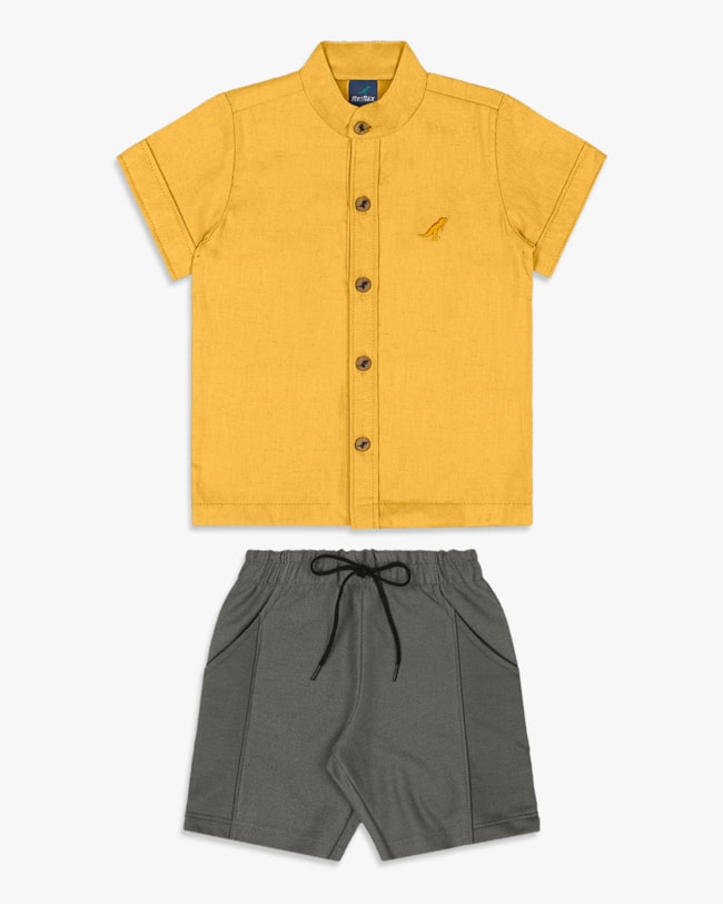 Conjunto Infantil Menino com Camisa e Bermuda - ReiRex - Mostarda-d60ffc13-e5fc-4632-970b-4dcac67998b6