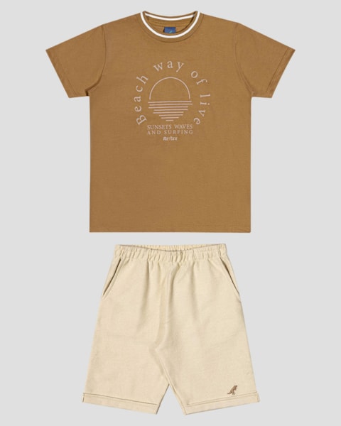 Conjunto Infantil Menino com Camiseta e Bermuda ReiRex Marrom