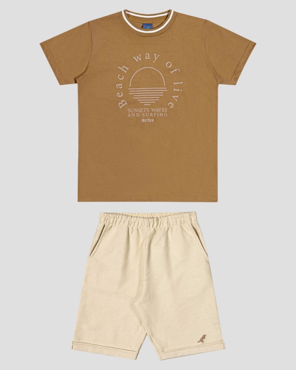 Conjunto Infantil Menino com Camiseta e Bermuda ReiRex Marrom