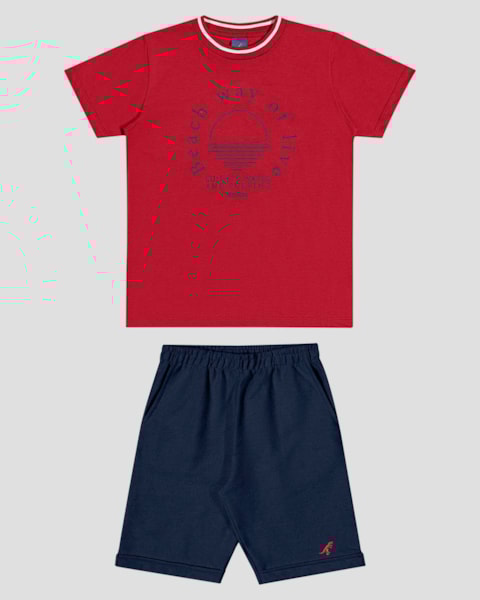 Conjunto Infantil Menino com Camiseta e Bermuda ReiRex Vermelho