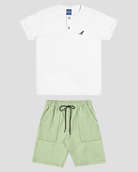 Conjunto Infantil Menino com Camiseta Gola Henley ReiRex Branco