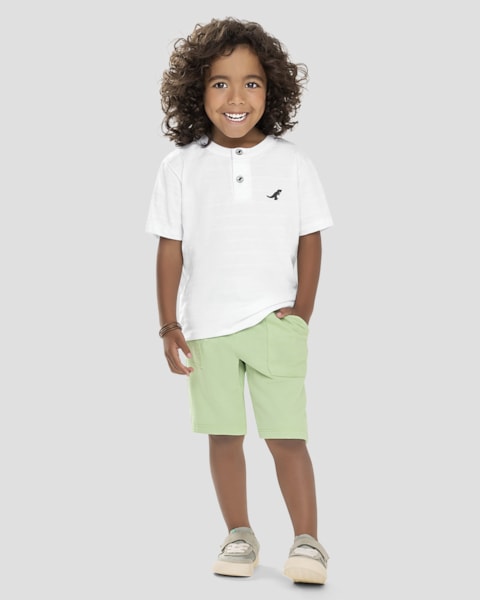 Conjunto Infantil Menino com Camiseta Gola Henley ReiRex Branco