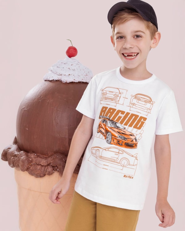 Conjunto Infantil Menino com Estampa de Carro ReiRex Branco