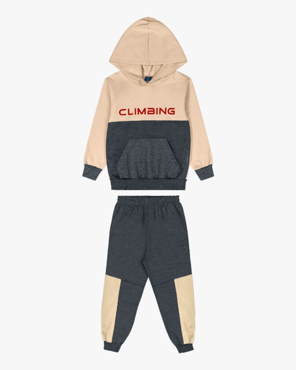 Conjunto Infantil Menino em Moletom Bicolor com Capuz - ReiRex - Bege