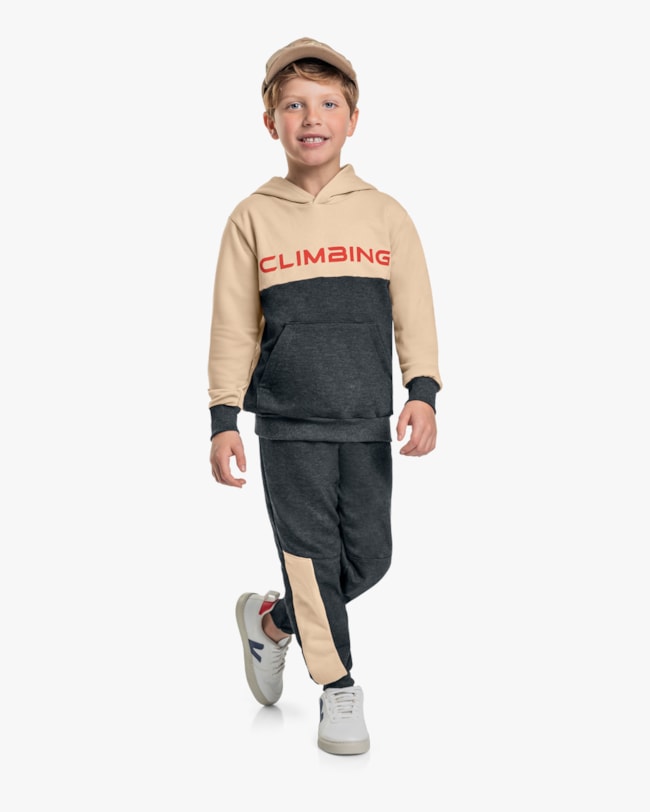 Conjunto Infantil Menino em Moletom Bicolor com Capuz - ReiRex - Bege-b35e70b6-1340-4014-a2f3-578654c58324