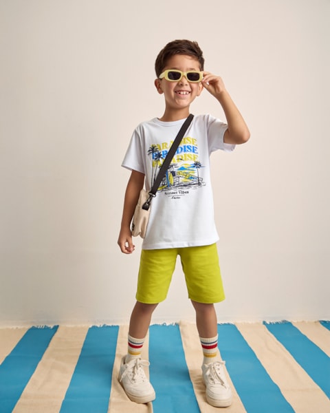 Conjunto Infantil Menino Estampa Paraíso Tropical – ReiRex – Branco