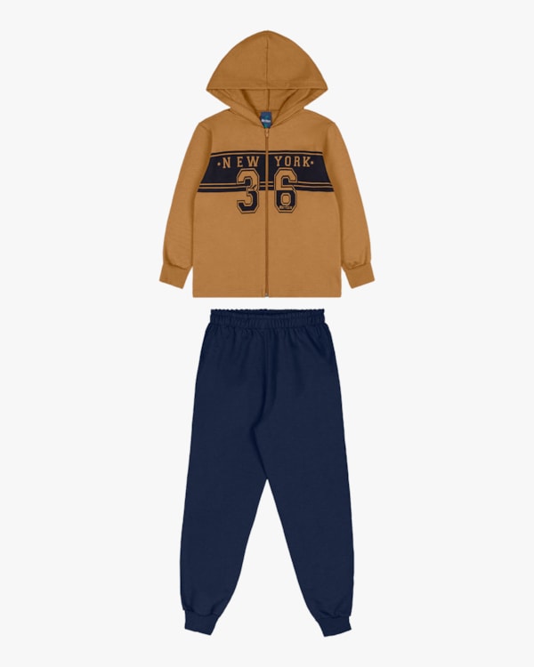 Conjunto Infantil Menino Jaqueta com Estampa e Calça - ReiRex - Marrom