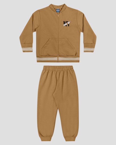 Conjunto Infantil Menino Jaqueta com Retilínea e Calça - ReiRex - Marrom