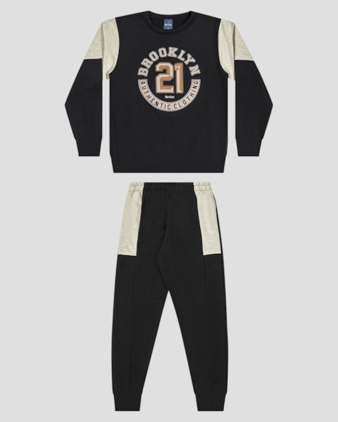 Conjunto Infantil Menino Moletom com Recortes - ReiRex - Preto