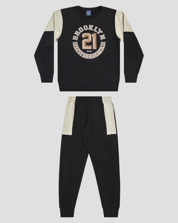 Conjunto Infantil Menino Moletom com Recortes - ReiRex - Preto