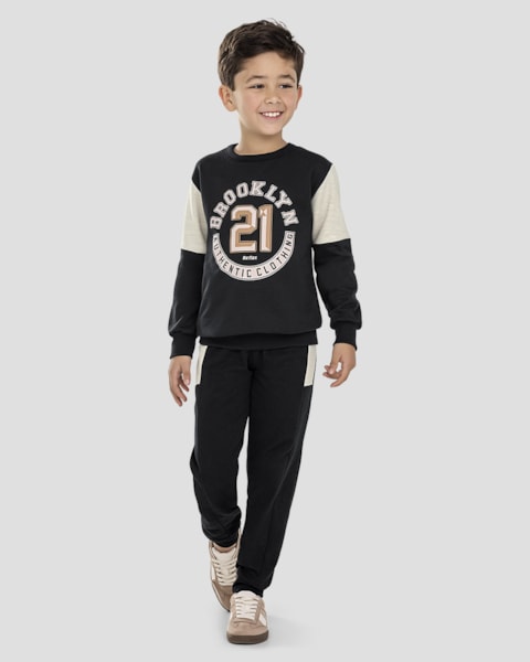 Conjunto Infantil Menino Moletom com Recortes - ReiRex - Preto