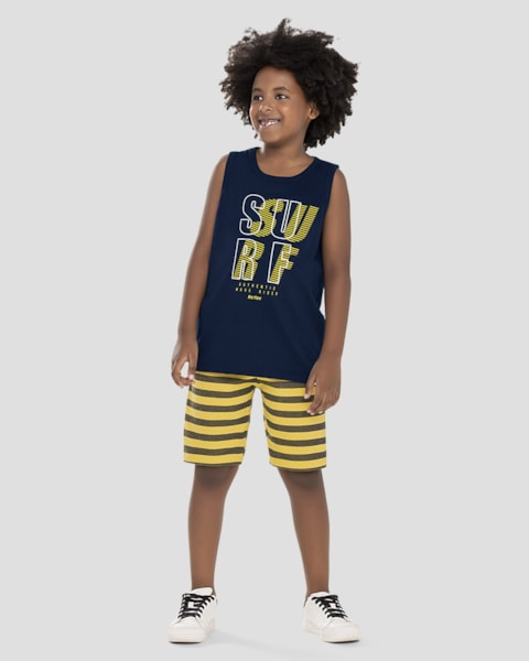 Conjunto Infantil Menino Regata e Bermuda Listrada ReiRex Azul