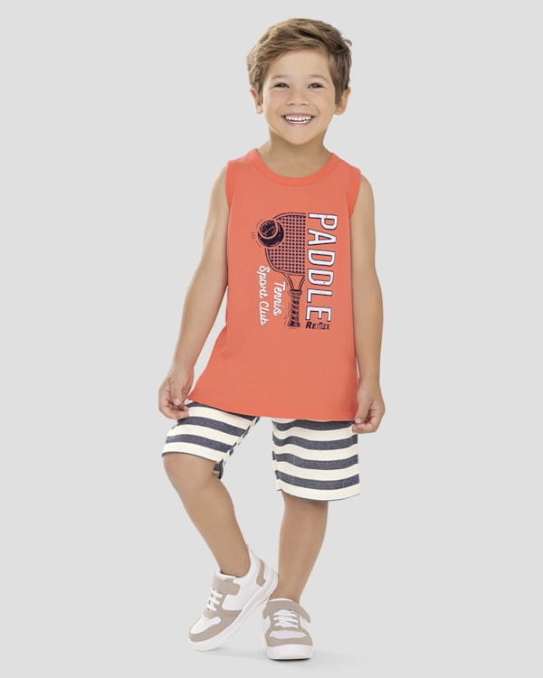 Conjunto Infantil Menino Regata e Bermuda Listrada ReiRex Laranja