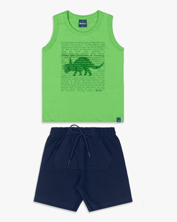 Conjunto Infantil Menino Regata Estampa Dino e Bermuda - ReiRex - Pistache