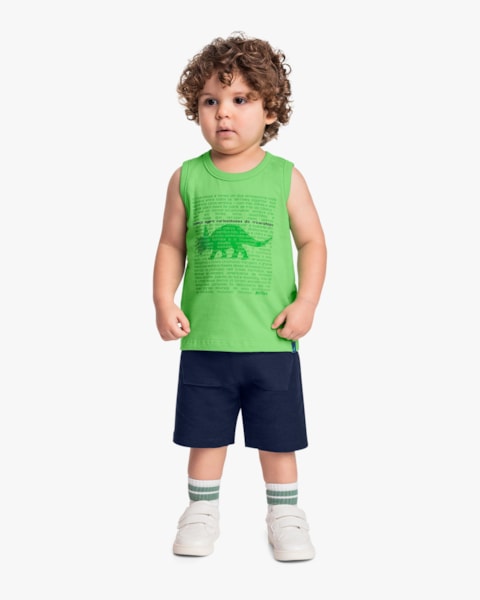 Conjunto Infantil Menino Regata Estampa Dino e Bermuda - ReiRex - Pistache