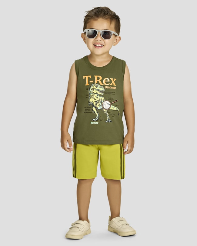 Conjunto Infantil Menino Regata Estampa Rex e Bermuda - ReiRex - Verde-4a5ed175-4b25-470d-9c20-04fb94e5cbd5