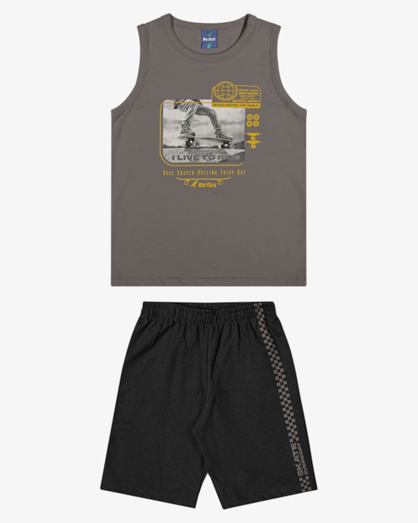 Conjunto Infantil Menino Regata Estampa Skate e Bermuda - ReiRex - Cinza