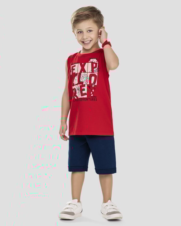 Conjunto Infantil Menino Regata Safari e Bermuda ReiRex Vermelho